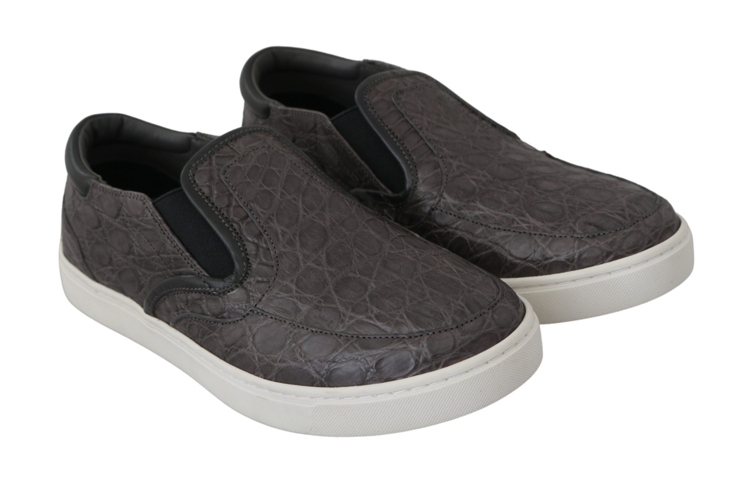 Gray leather Caiman men's loafers shoes by Dolce & Gabbana, featuring sleek design and classic slip-on style.
