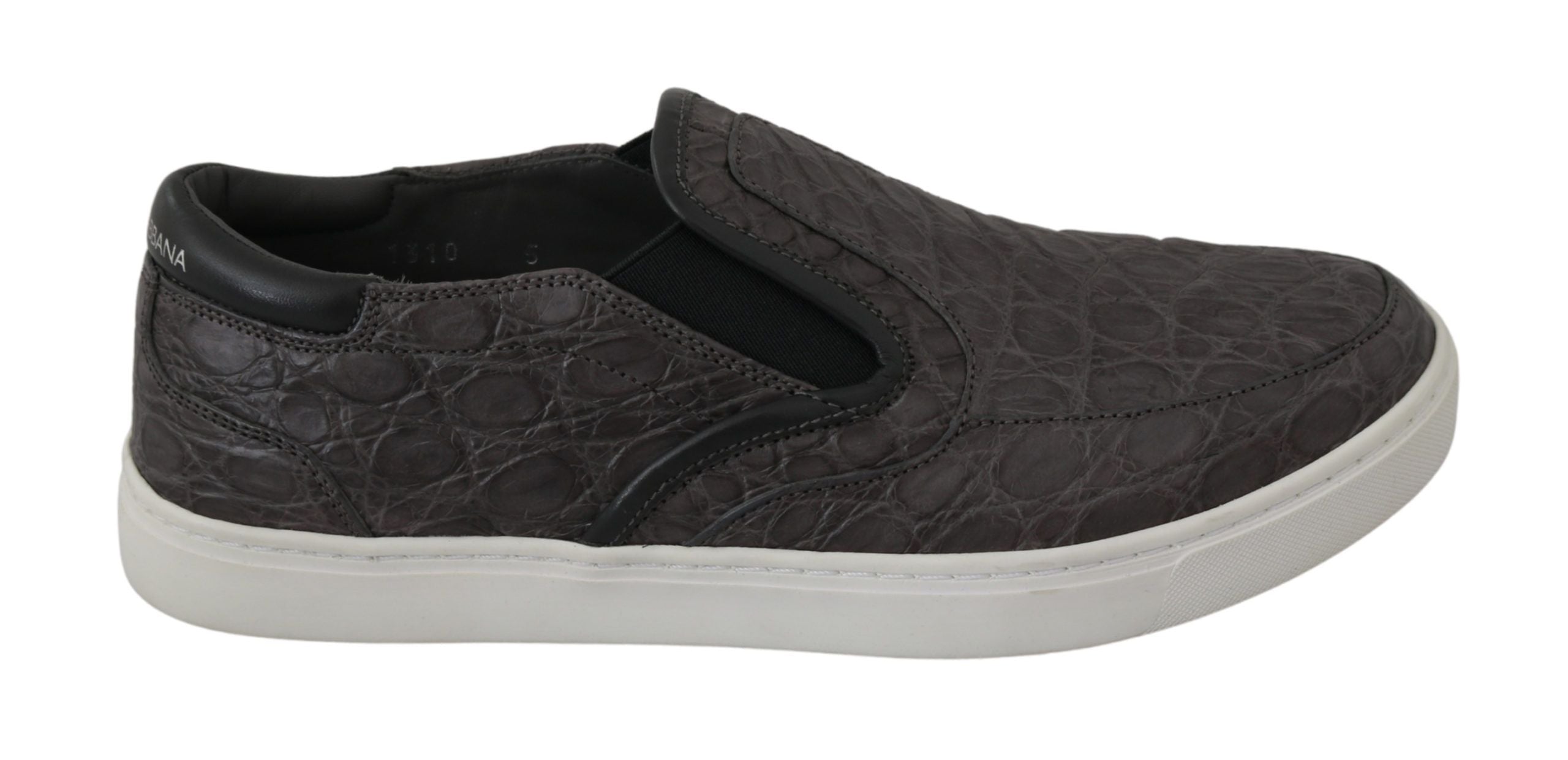 Gray leather Caiman men's loafers by Dolce & Gabbana, featuring sleek flat design and classic slip-on style.