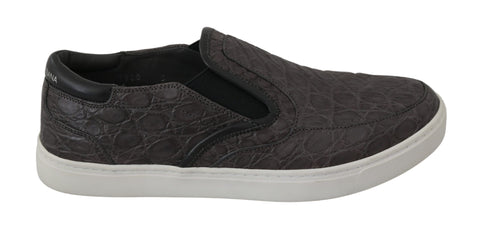 Gray leather Caiman men's loafers by Dolce & Gabbana, featuring sleek flat design and classic slip-on style.