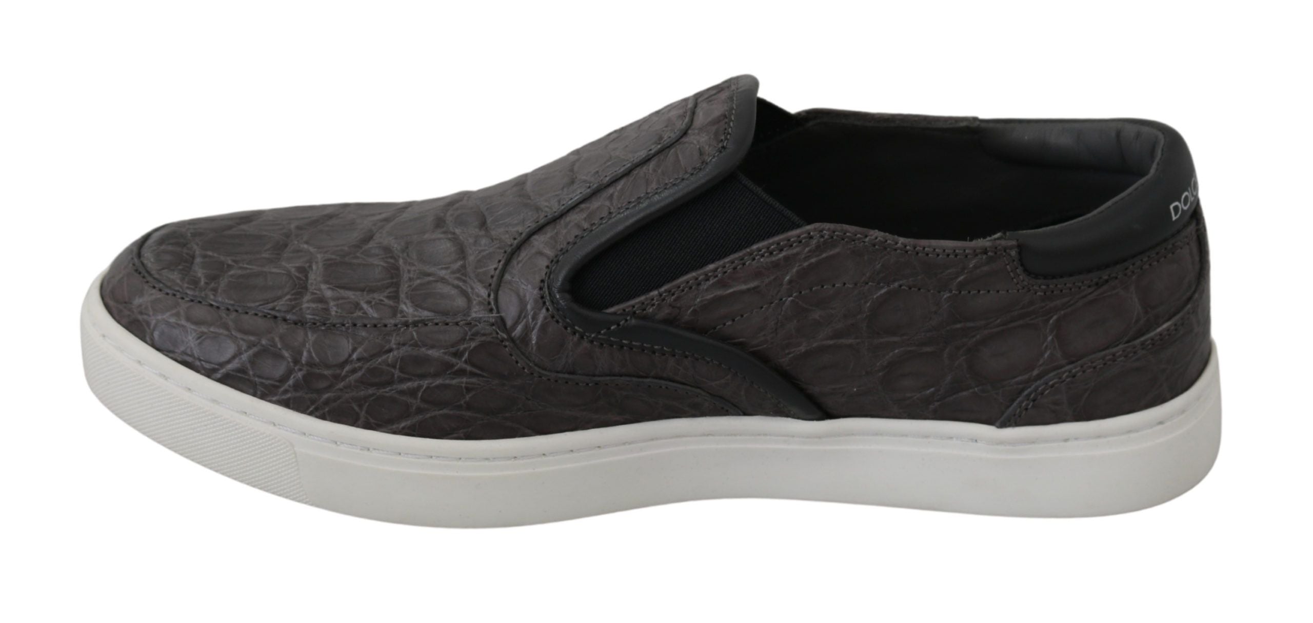 Gray leather Caiman men's loafers shoes by Dolce & Gabbana with a sleek, flat design and classic slip-on style.