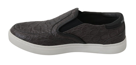 Gray leather Caiman men's loafers shoes by Dolce & Gabbana with a sleek, flat design and classic slip-on style.