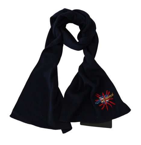 Blue Dolce & Gabbana wool wrap shawl with DGLovesLondon design, draped to showcase soft, cozy fabric and stylish pattern.