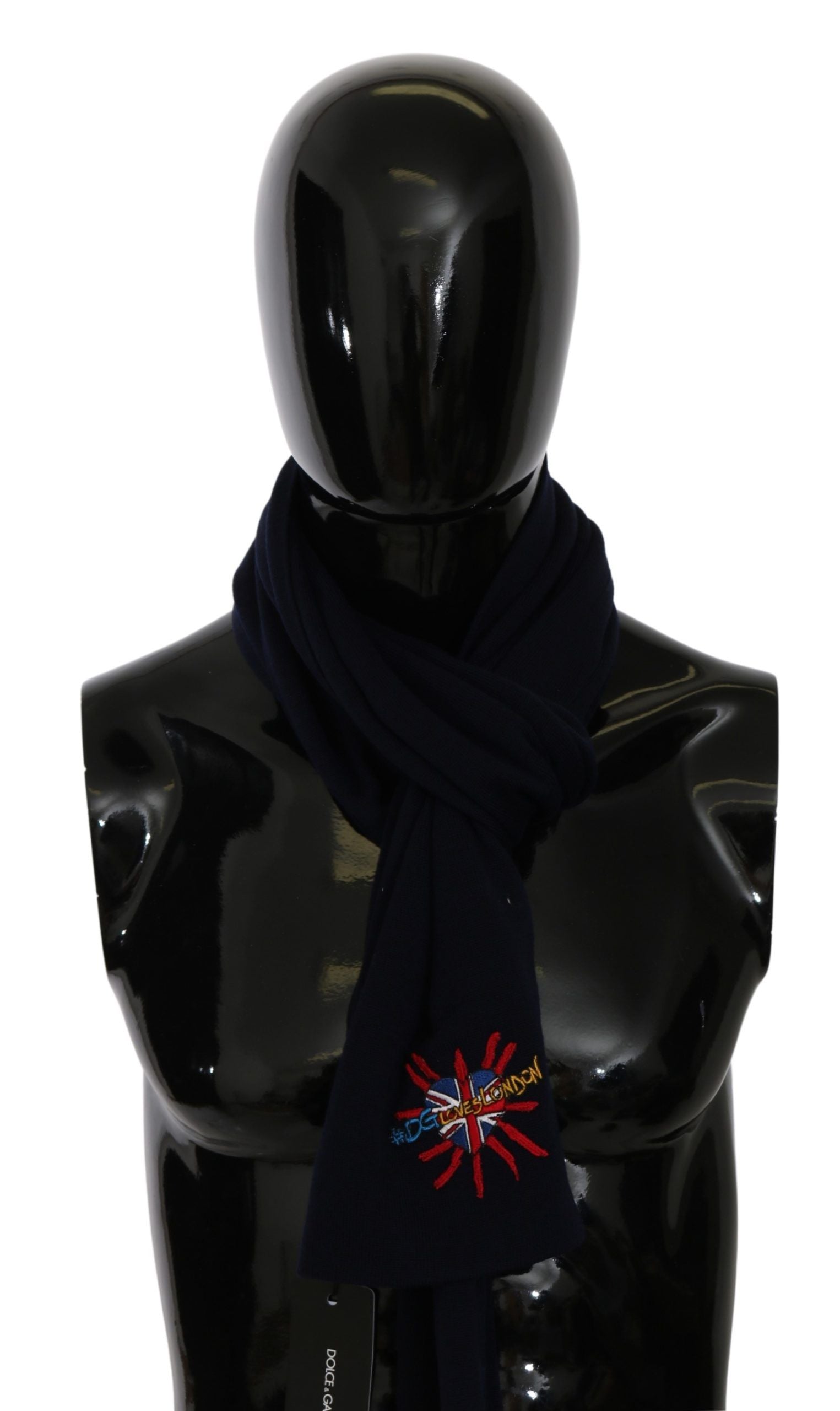 Blue wool wrap shawl by Dolce & Gabbana with a stylish DGLovesLondon design, draped to showcase its luxurious texture.