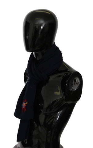 Blue Dolce & Gabbana wool wrap shawl with DGLovesLondon pattern, draped to show its soft, luxurious texture.