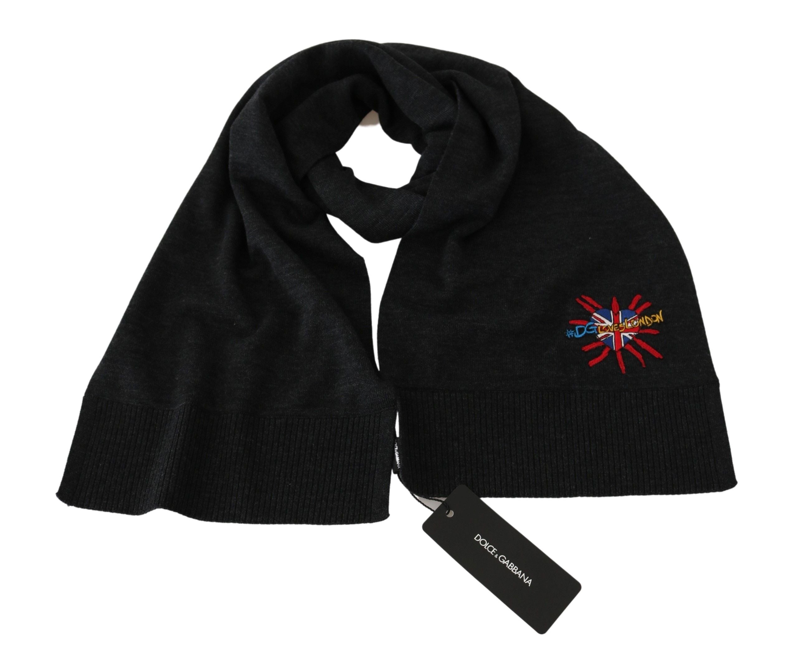 Gray Dolce & Gabbana wool wrap shawl with DGLovesLondon branding, featuring a soft, cozy design perfect for stylish warmth.