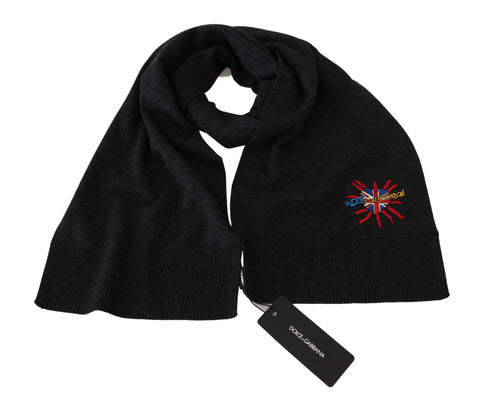 Gray Dolce & Gabbana wool wrap shawl with DGLovesLondon branding, featuring a soft, cozy design perfect for stylish warmth.