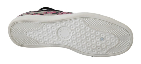 Pink leopard print leather flat sneakers by Dolce & Gabbana with lace-up design and casual style.