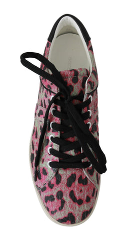 Pink leopard print leather flat sneakers by Dolce & Gabbana with lace-up design and stylish animal print pattern.