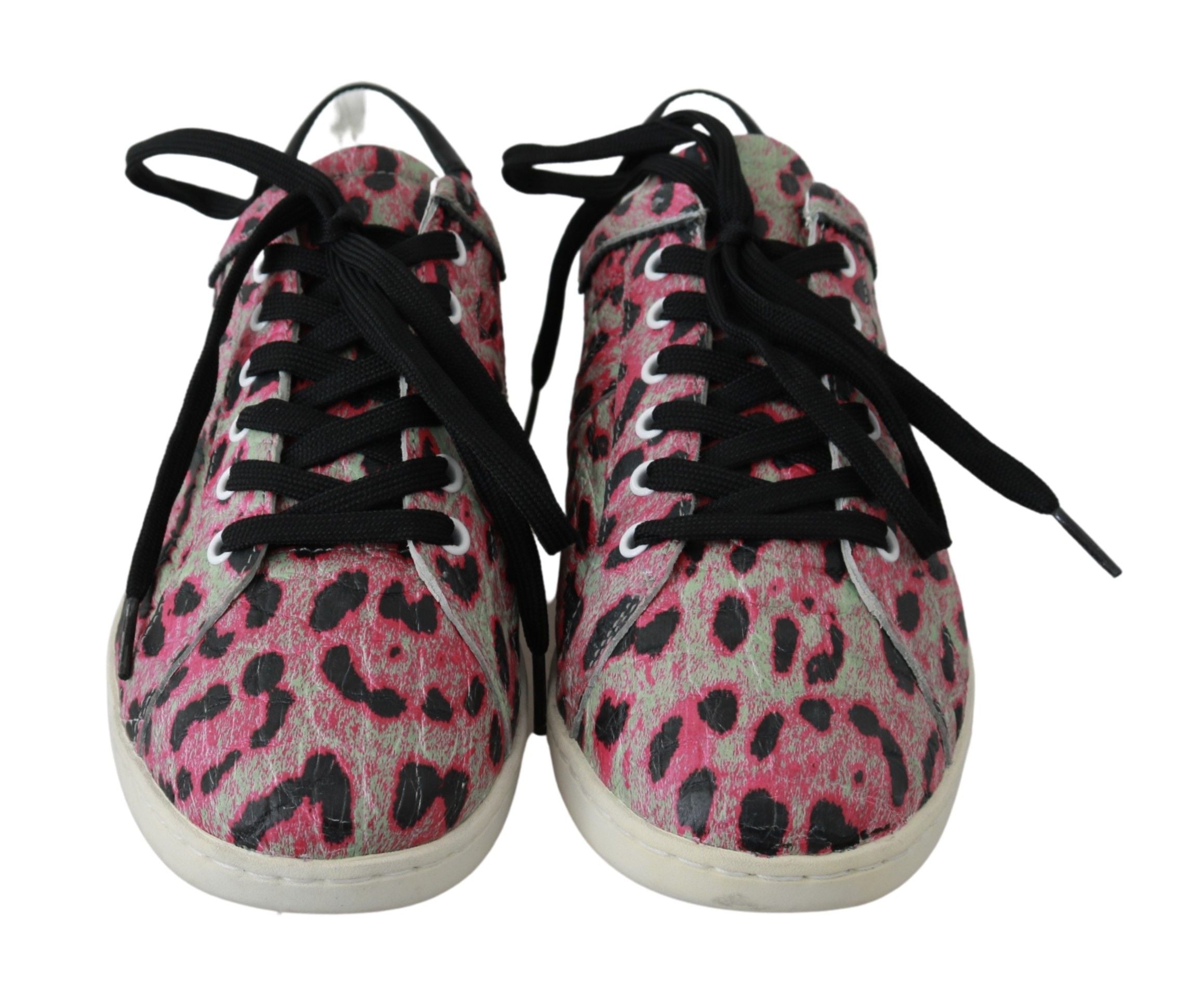 Pink leopard print leather flat sneakers by Dolce & Gabbana, featuring a stylish animal pattern and comfortable training shoe design.