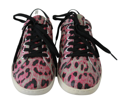 Pink leopard print leather flat sneakers by Dolce & Gabbana, featuring a stylish animal pattern and comfortable training shoe design.