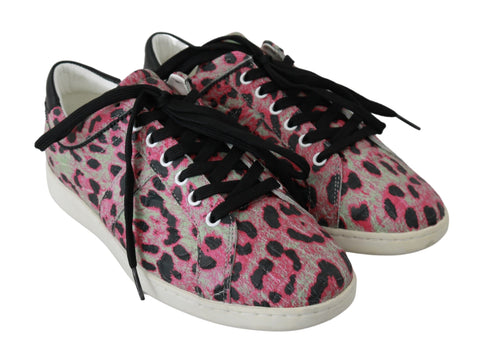 Pink leopard print leather flat sneakers by Dolce & Gabbana with lace-up design and stylish animal print pattern.