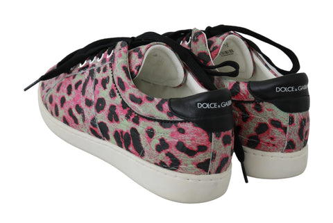 Pink leopard print leather flat sneakers by Dolce & Gabbana with lace-up design and fashionable animal print pattern.