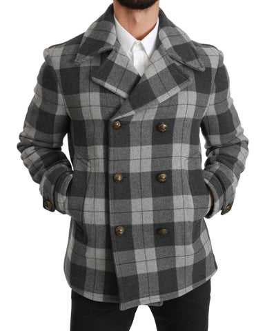 Gray check wool and cashmere coat jacket by Dolce & Gabbana, showcasing tailored fit and classic pattern.