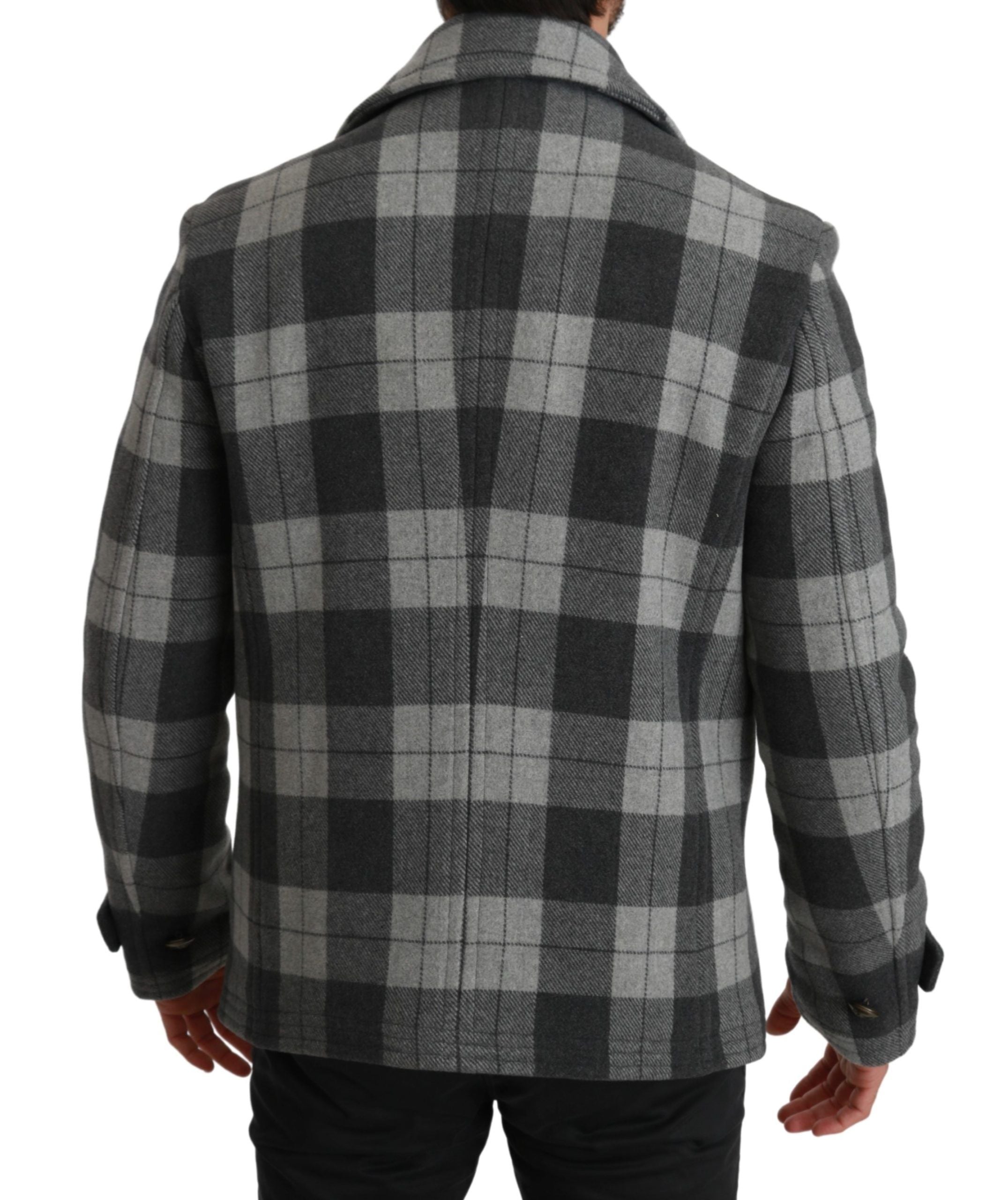 Gray check wool and cashmere coat jacket by Dolce & Gabbana hanging on a clothing rack with a tailored fit.