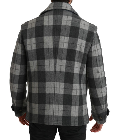 Gray check wool and cashmere coat jacket by Dolce & Gabbana hanging on a clothing rack with a tailored fit.