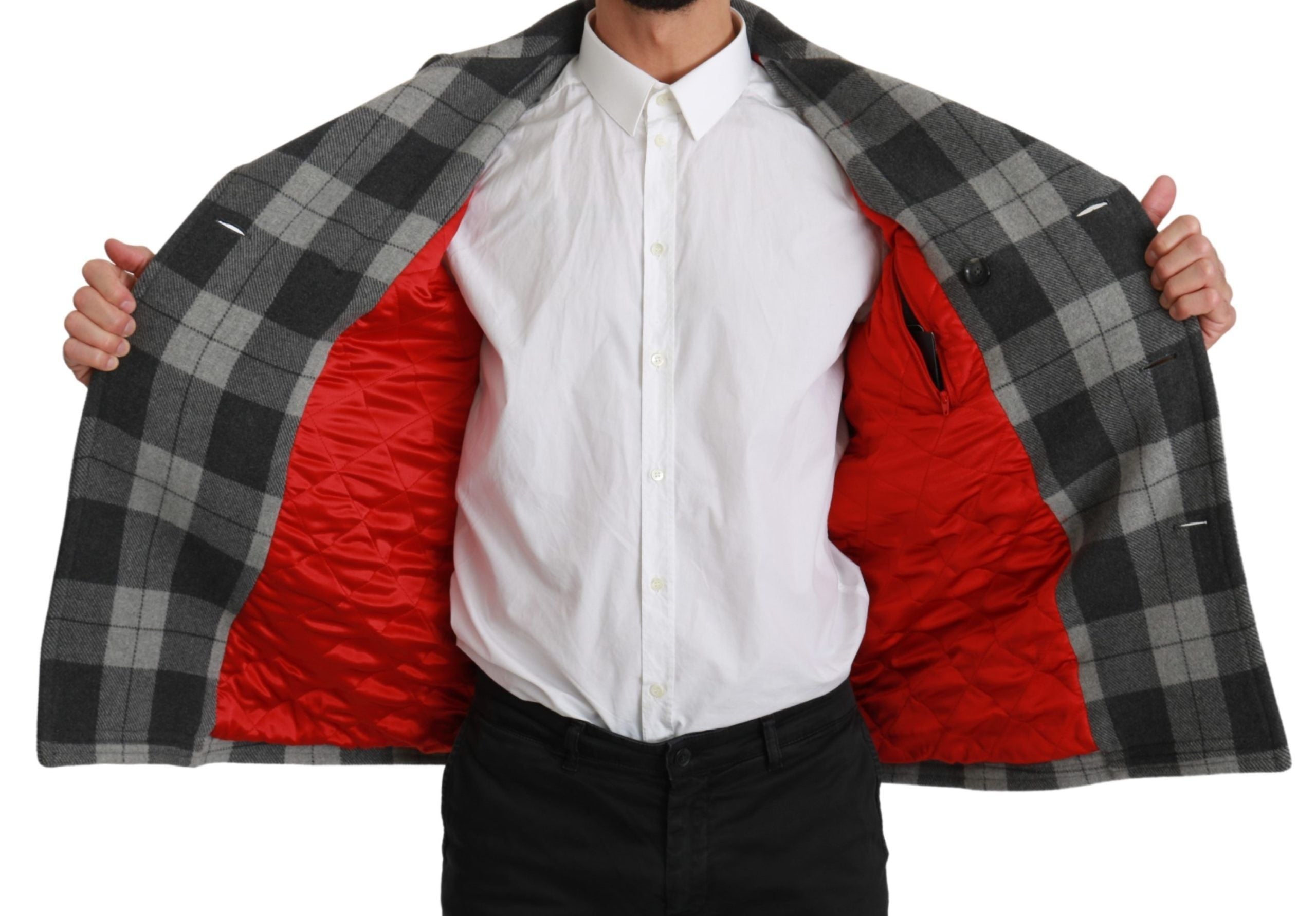 Gray check wool cashmere coat jacket by Dolce & Gabbana, tailored with a classic check pattern and luxurious fabric.