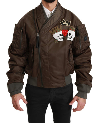 Brown beaded crown skull logo jacket by Dolce & Gabbana, featuring intricate beaded details and a stylish design.