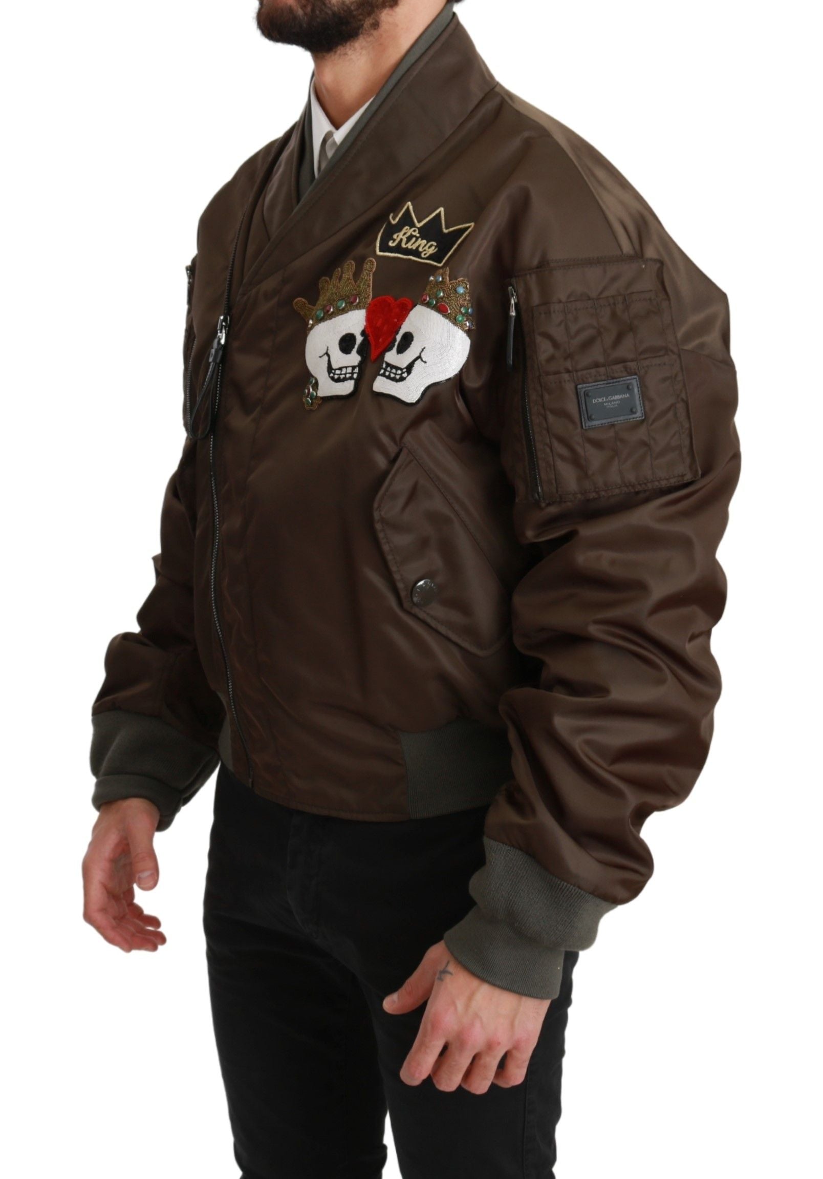 Brown beaded crown skull logo Dolce & Gabbana jacket, front view showing intricate beaded details and bold design.