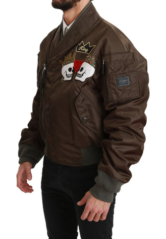 Brown beaded crown skull logo Dolce & Gabbana jacket, front view showing intricate beaded details and bold design.