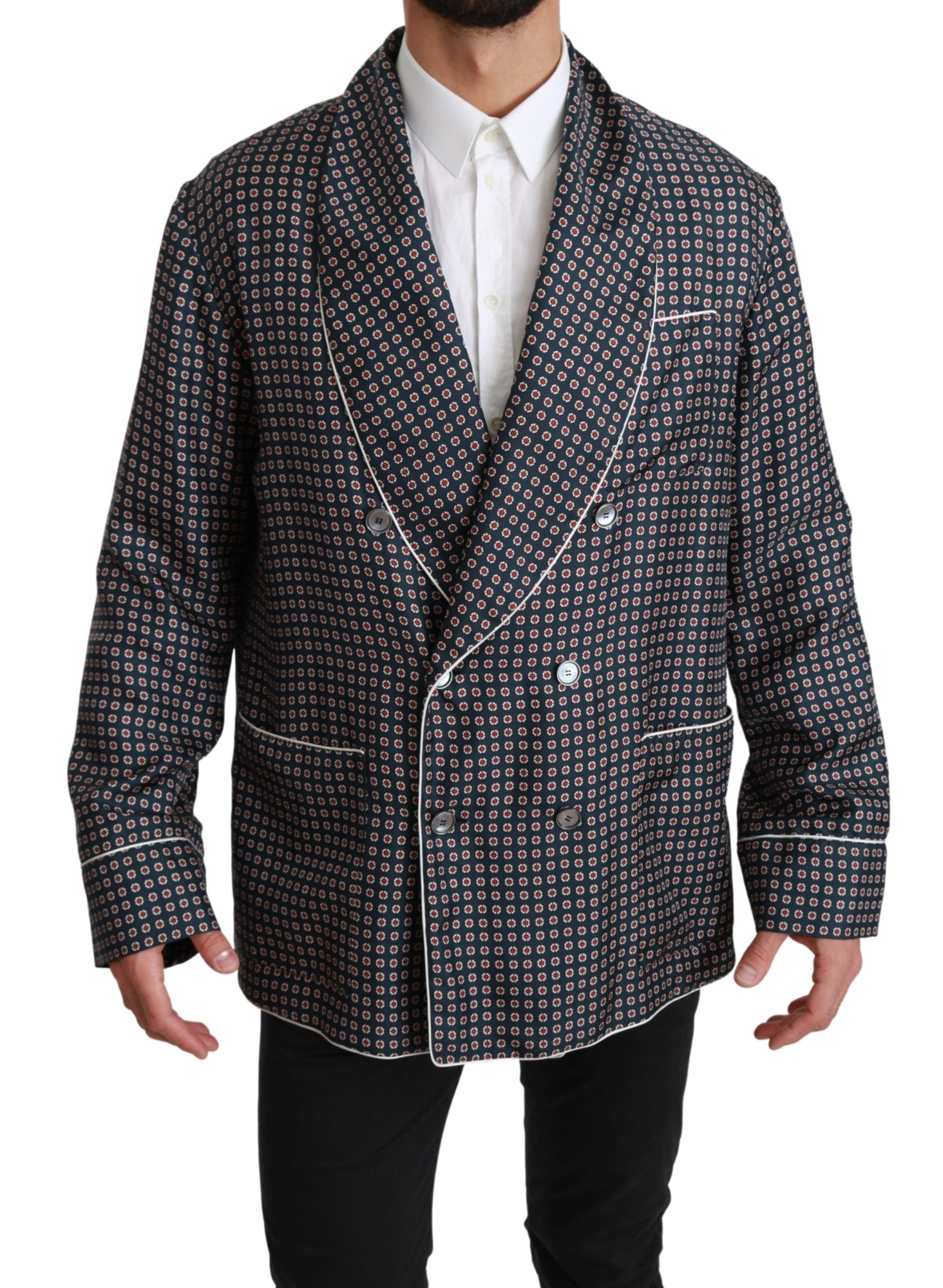 Navy blue patterned double-breasted coat jacket by Dolce & Gabbana, stylish outerwear with intricate design and tailored fit.