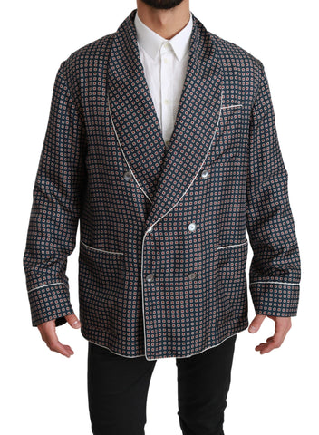 Navy blue patterned double-breasted coat jacket by Dolce & Gabbana, stylish outerwear with intricate design and tailored fit.