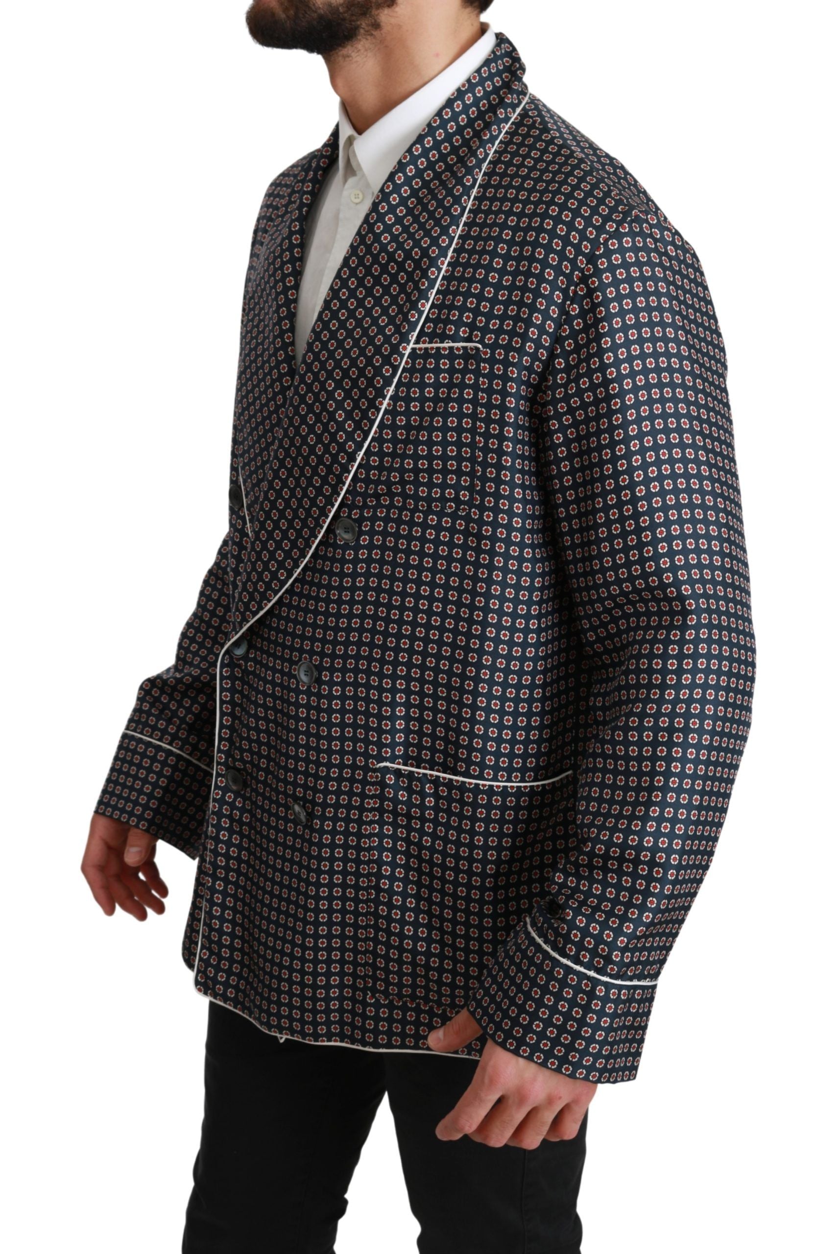 Navy blue patterned double-breasted coat jacket by Dolce & Gabbana, featuring tailored design and stylish details.