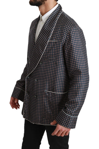 Navy blue patterned double-breasted coat jacket by Dolce & Gabbana, featuring tailored design and stylish details.