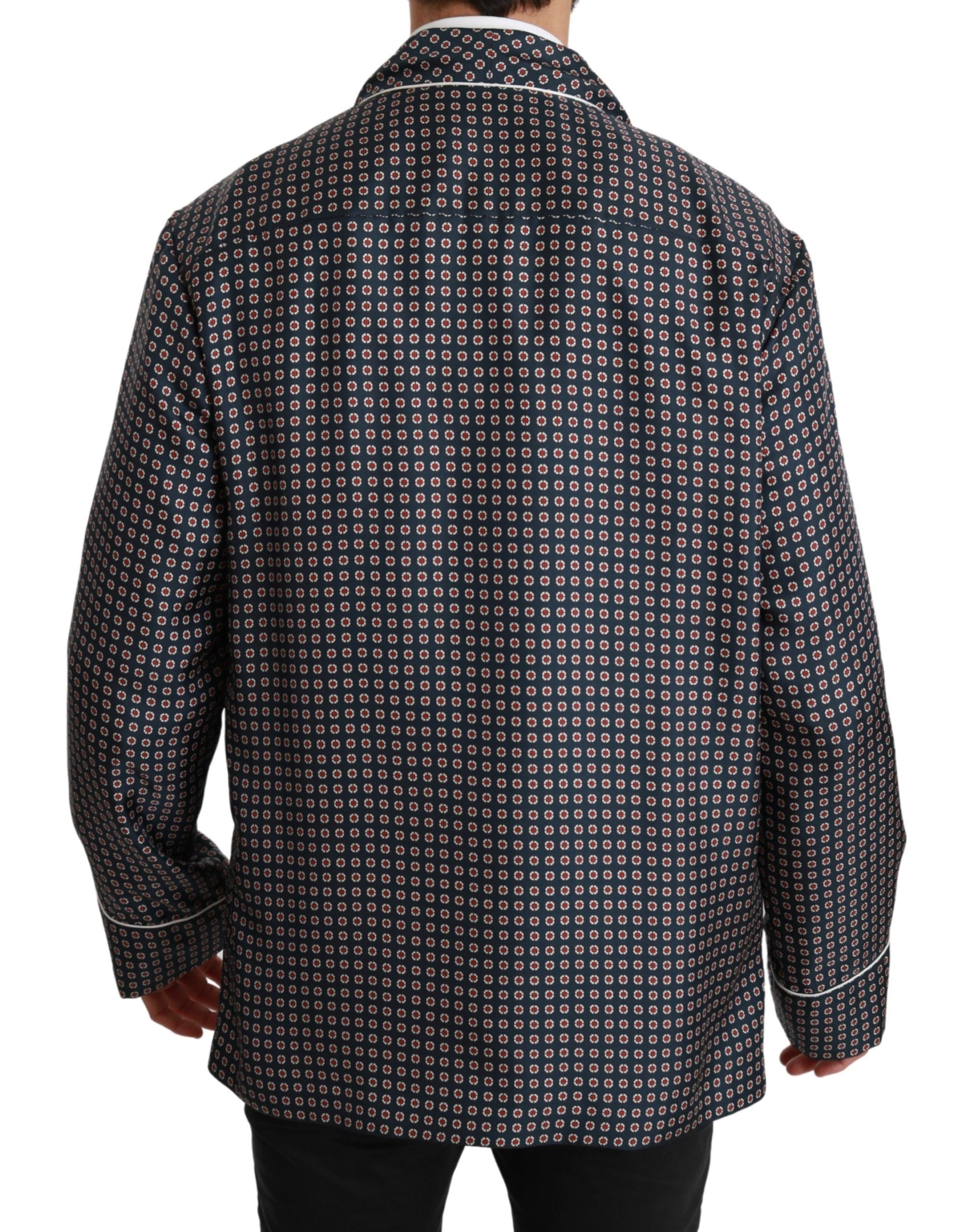 Navy blue patterned double-breasted coat jacket by Dolce & Gabbana, featuring stylish design and tailored fit.
