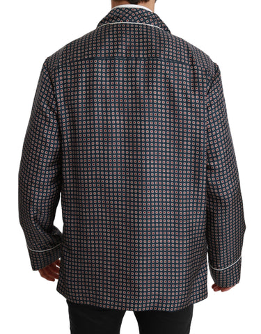 Navy blue patterned double-breasted coat jacket by Dolce & Gabbana, featuring stylish design and tailored fit.
