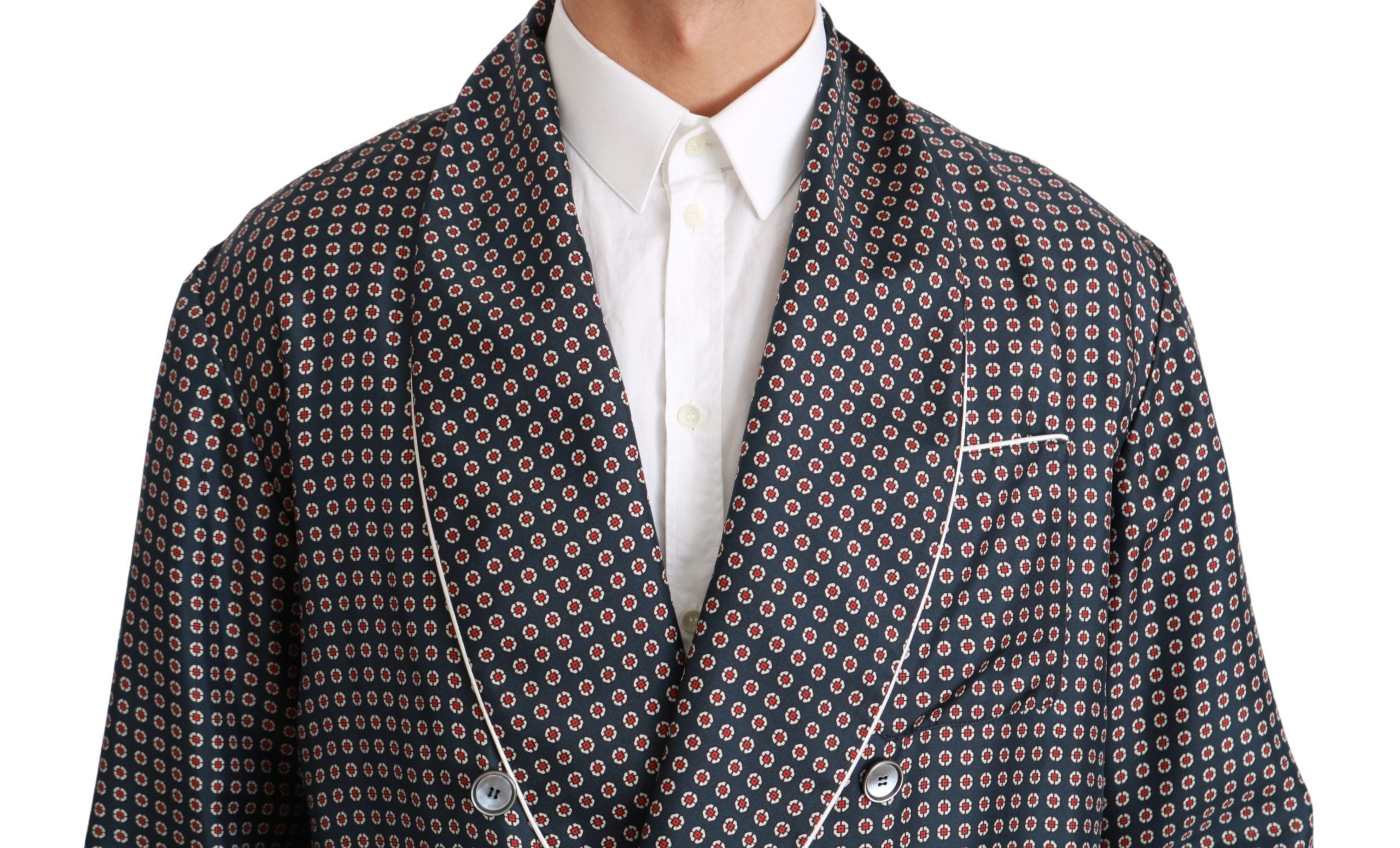 Navy blue patterned double-breasted coat jacket by Dolce & Gabbana with tailored fit and stylish design.