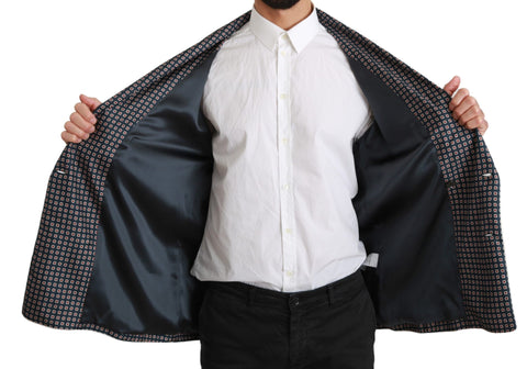 Navy blue patterned double-breasted coat jacket by Dolce & Gabbana, featuring stylish design and tailored fit.