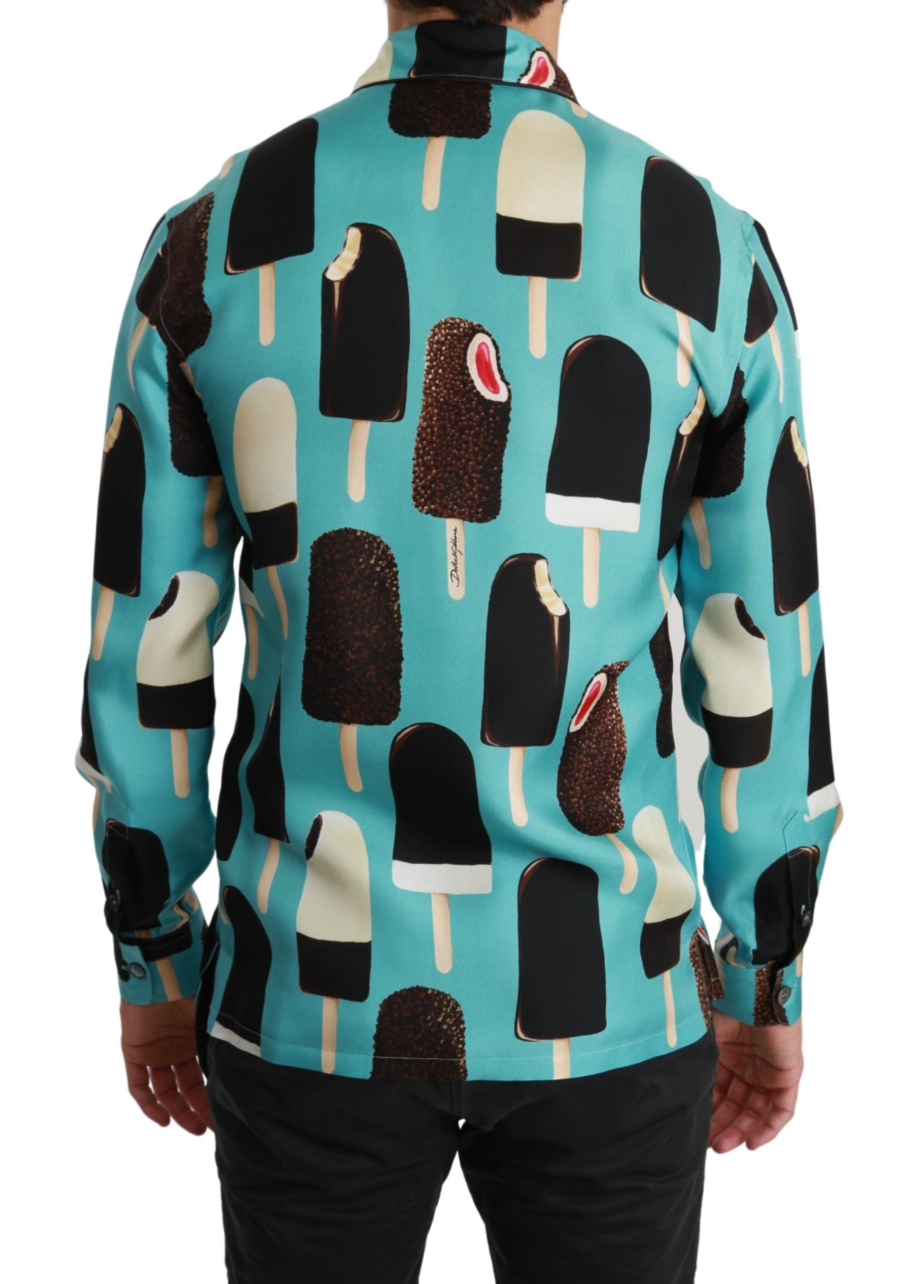 Blue silk casual shirt with ice cream print from Dolce & Gabbana, featuring a relaxed fit and stylish design.
