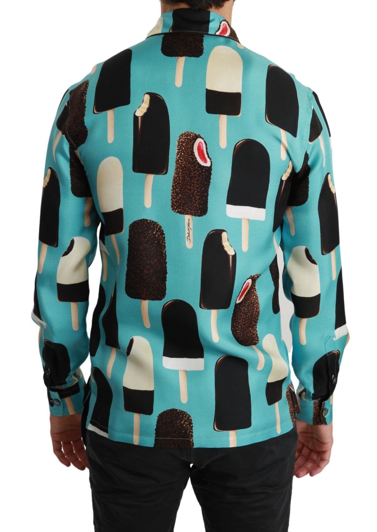 Blue silk casual shirt with ice cream print from Dolce & Gabbana, featuring a relaxed fit and stylish design.