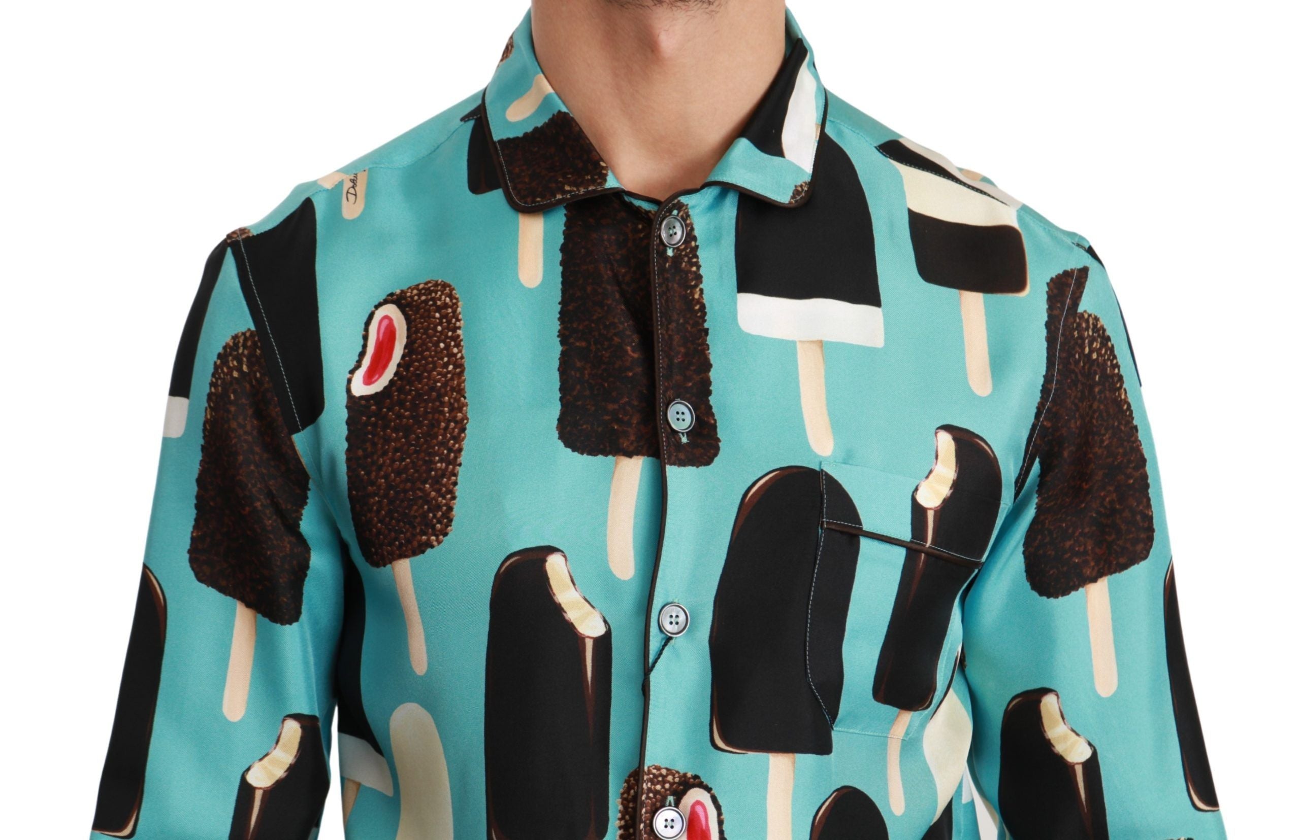 Blue silk casual shirt with ice cream print by Dolce & Gabbana, featuring a relaxed fit and stylish design.