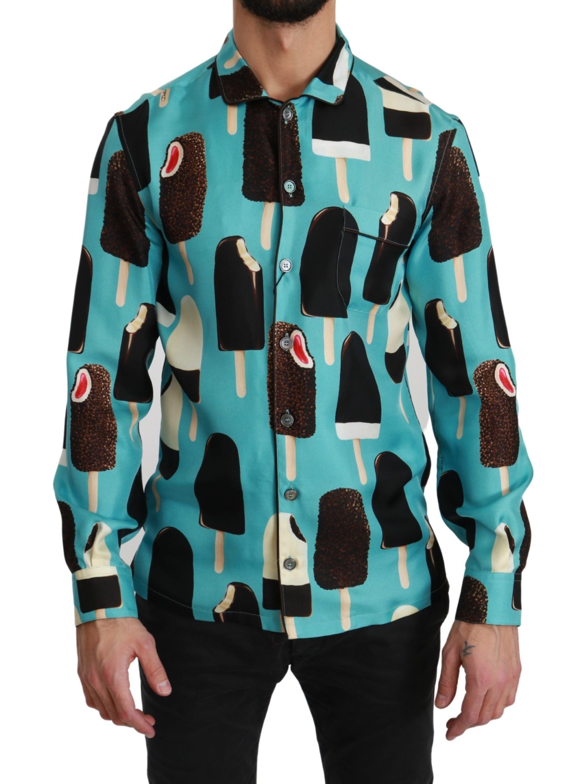 Blue silk casual shirt with ice cream print from Dolce & Gabbana, featuring a relaxed fit and stylish design.