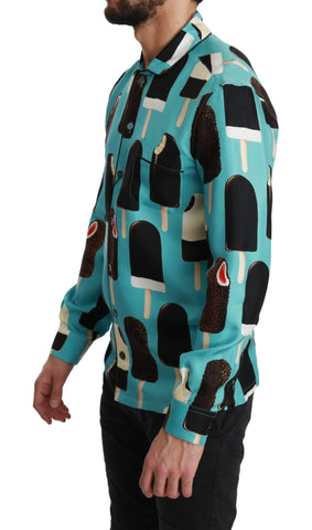 Blue silk casual shirt with ice cream print by Dolce & Gabbana, featuring a relaxed fit and vibrant design.