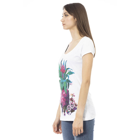 Just Cavalli beachwear bikini in white and magenta with floral print, displayed on a mannequin.
