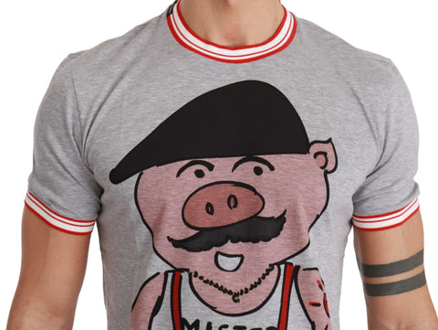 Gray cotton T-shirt featuring the 2019 Year of the Pig design by Dolce & Gabbana, with a casual fit and printed graphic.