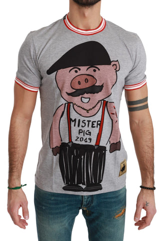Gray cotton T-shirt featuring Year of the Pig design from Dolce & Gabbana's 2019 collection, with a relaxed fit and casual style.
