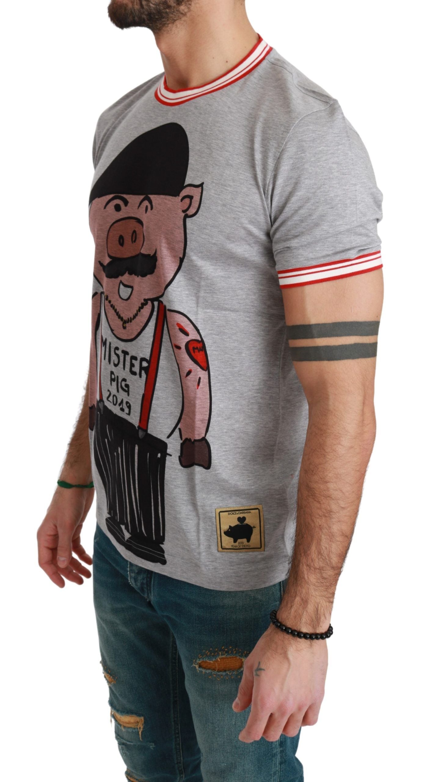 Gray cotton T-shirt featuring a 2019 Year of the Pig design by Dolce & Gabbana, displayed on a plain background.