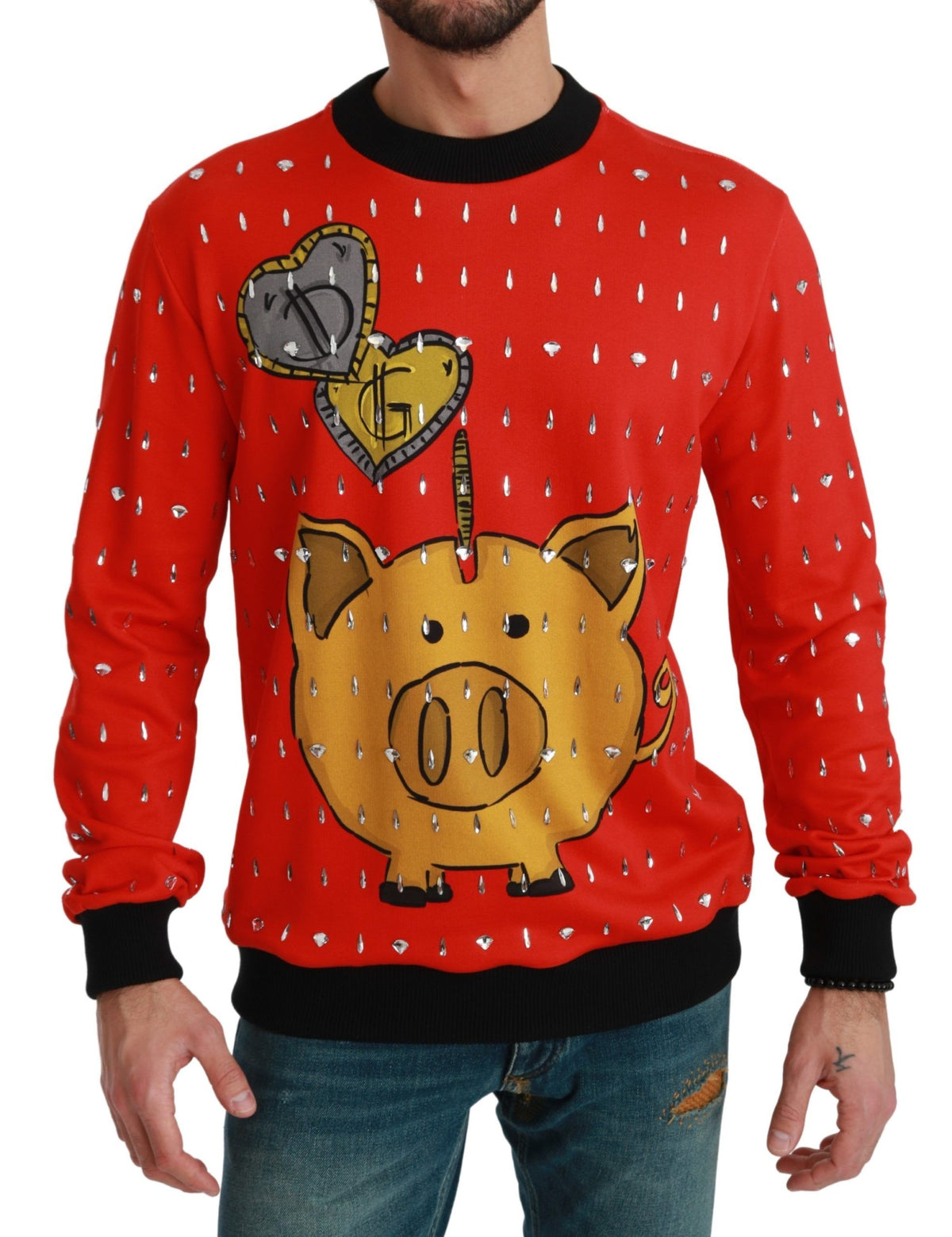 Red crystal pig sweater by Dolce & Gabbana featuring detailed crystal embellishments and a cozy knit design.