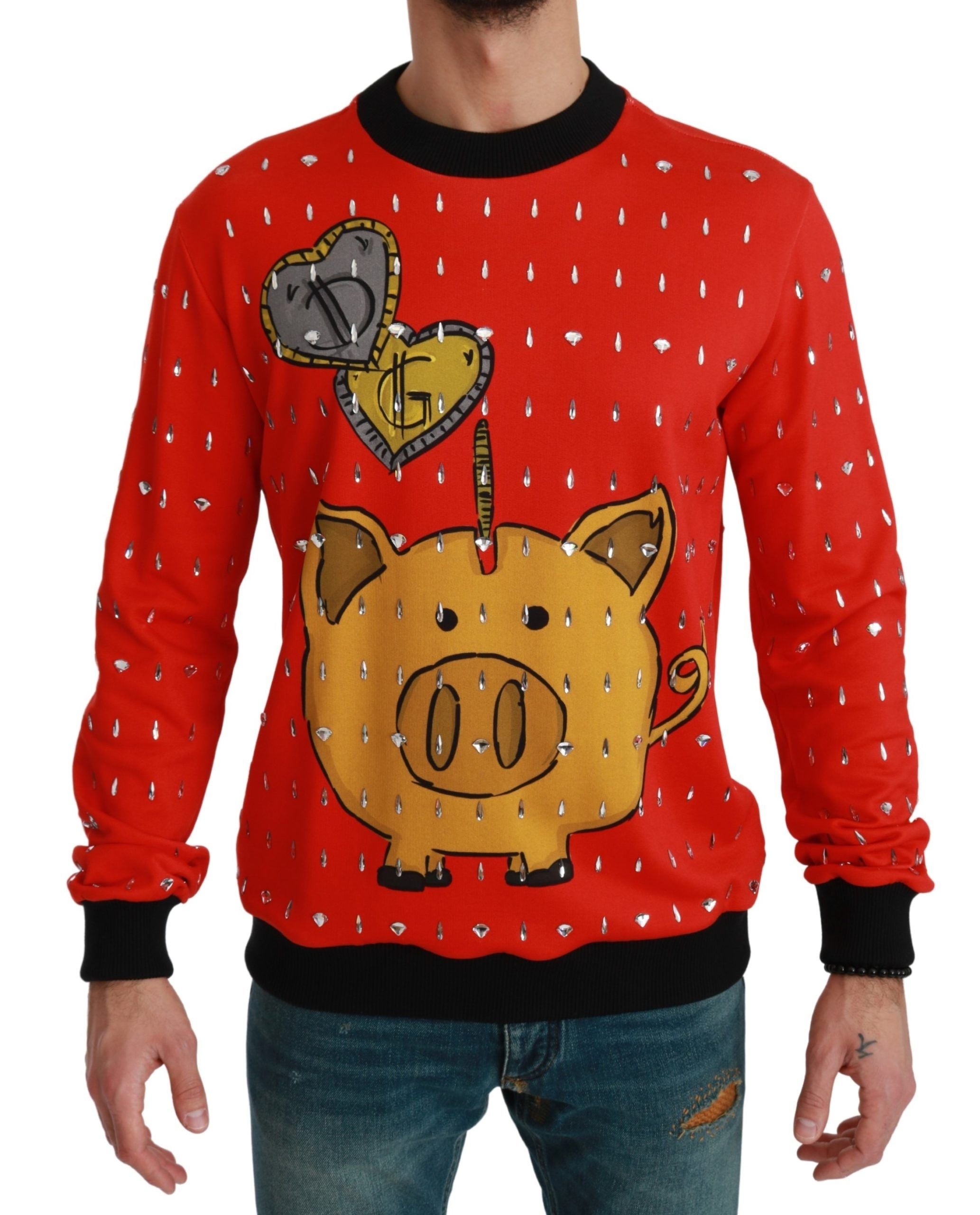 Red crystal pig sweater by Dolce & Gabbana featuring a playful pig design with crystal embellishments.