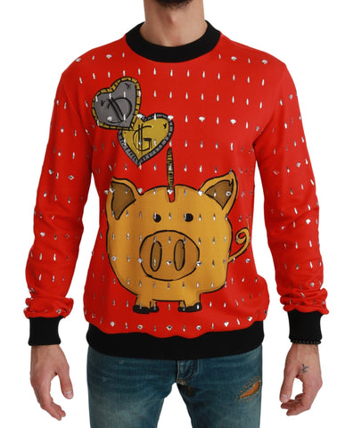 Red crystal pig sweater by Dolce & Gabbana featuring a playful pig design with crystal embellishments.