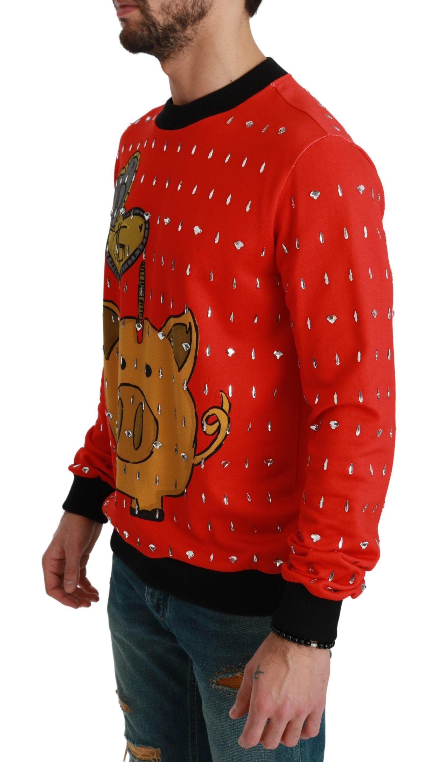 Red crystal pig sweater by Dolce & Gabbana featuring a detailed pig design and sparkling embellishments on soft fabric.