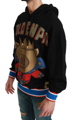 Black Dolce & Gabbana hooded sweater featuring a pig of the year graphic design. Soft knit fabric, casual style.