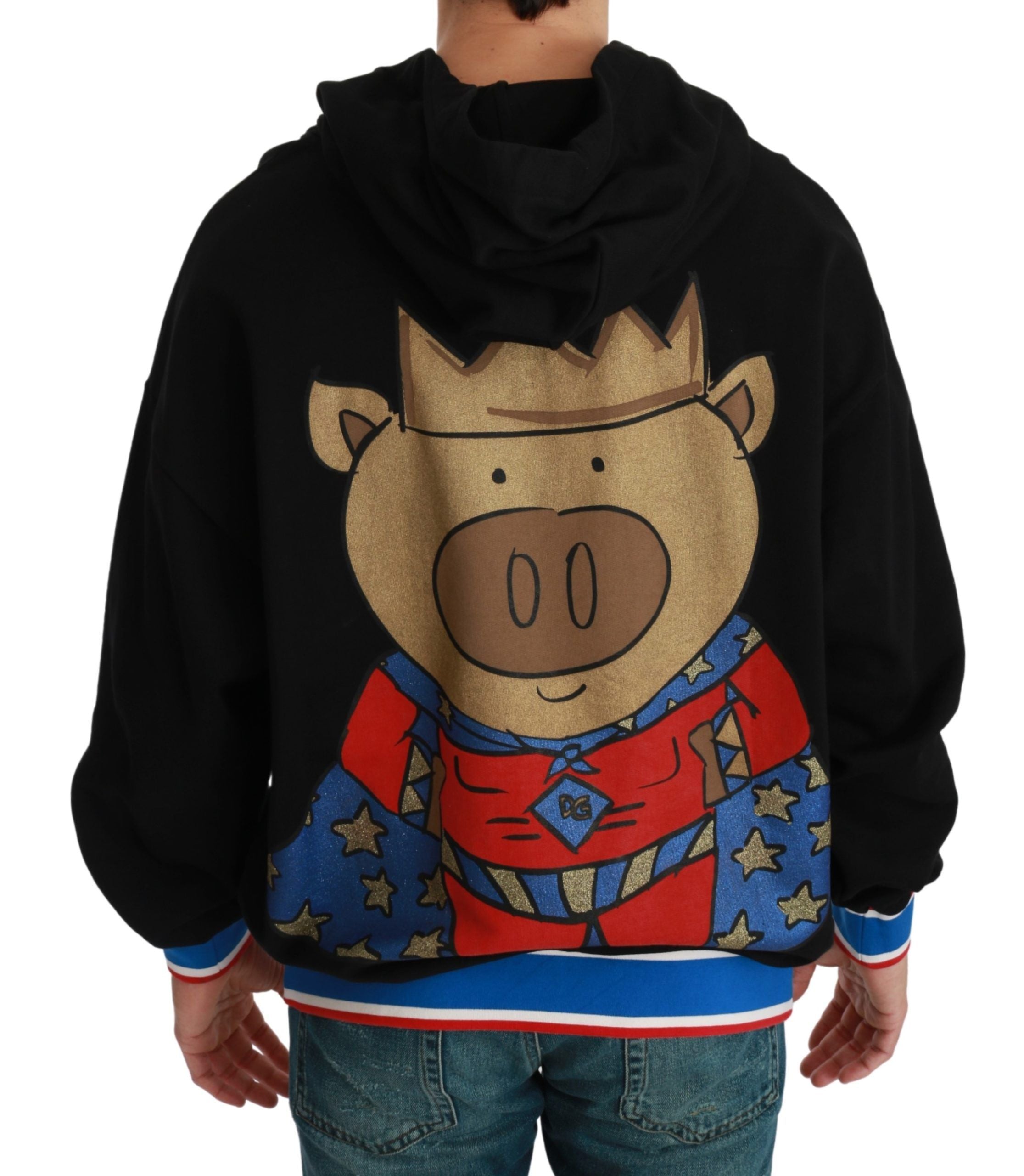 Black Dolce & Gabbana hooded sweater featuring a Pig of the Year embroidery, casual knit with long sleeves and a relaxed fit.