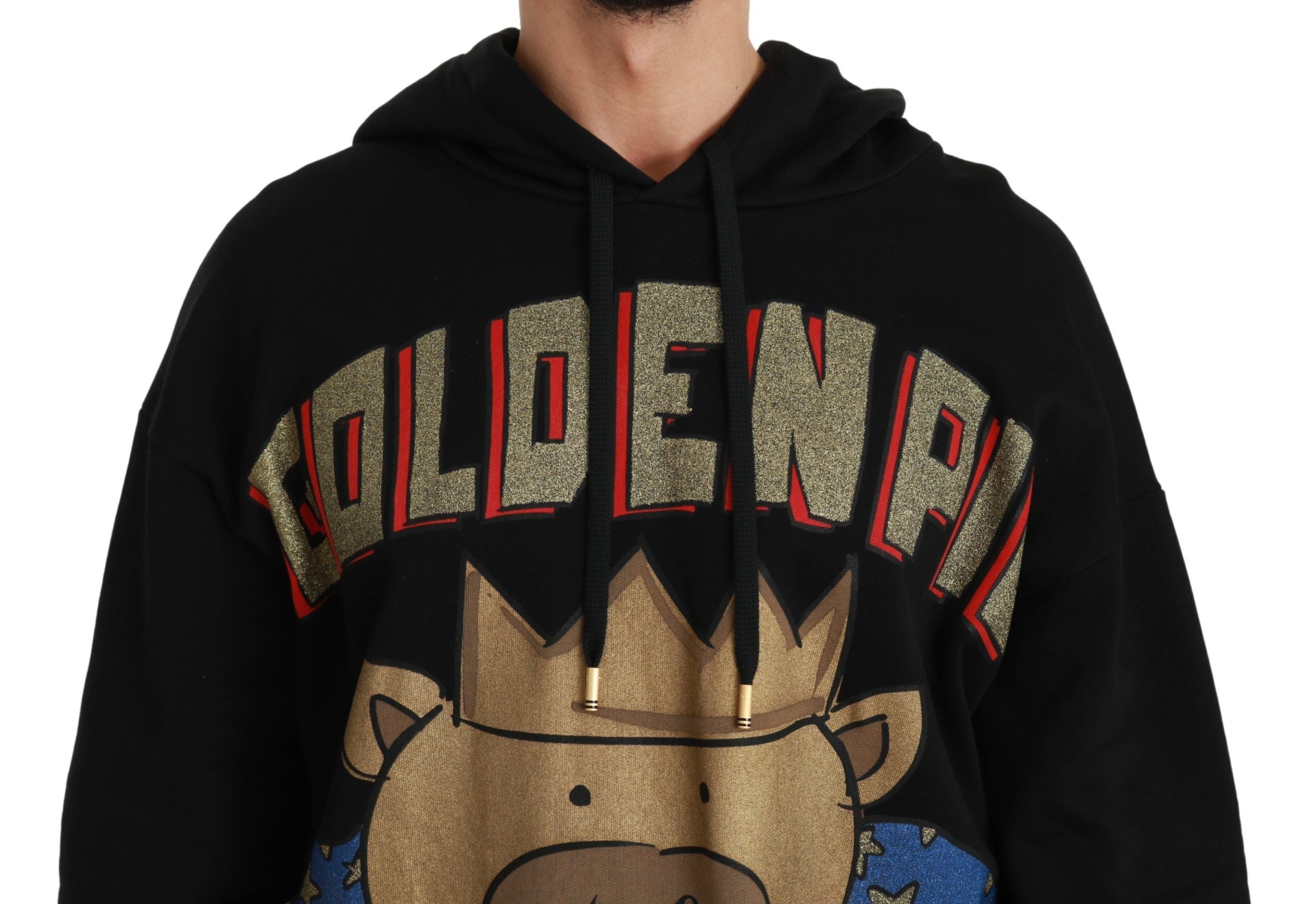 Black Dolce & Gabbana hooded sweater featuring a pig of the year design, soft knit fabric, and casual fit.