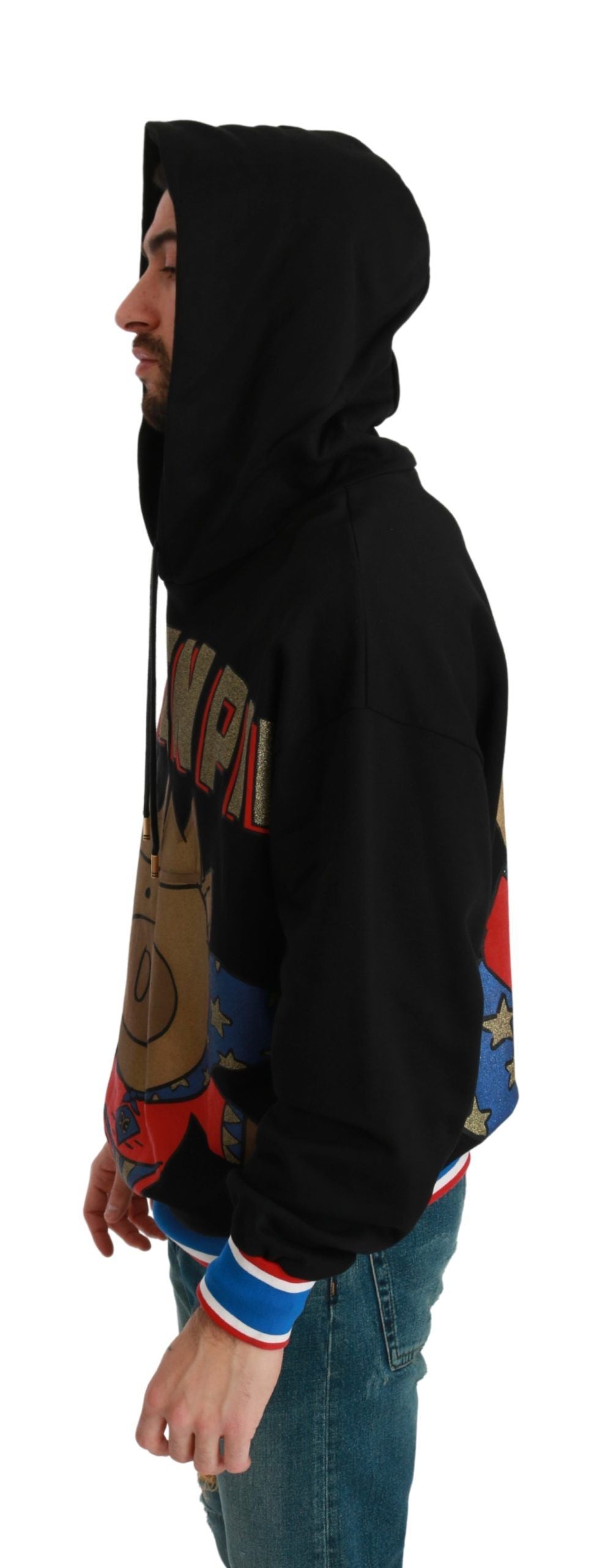 Black Dolce & Gabbana hooded sweater featuring a pig of the year graphic design and ribbed cuffs.