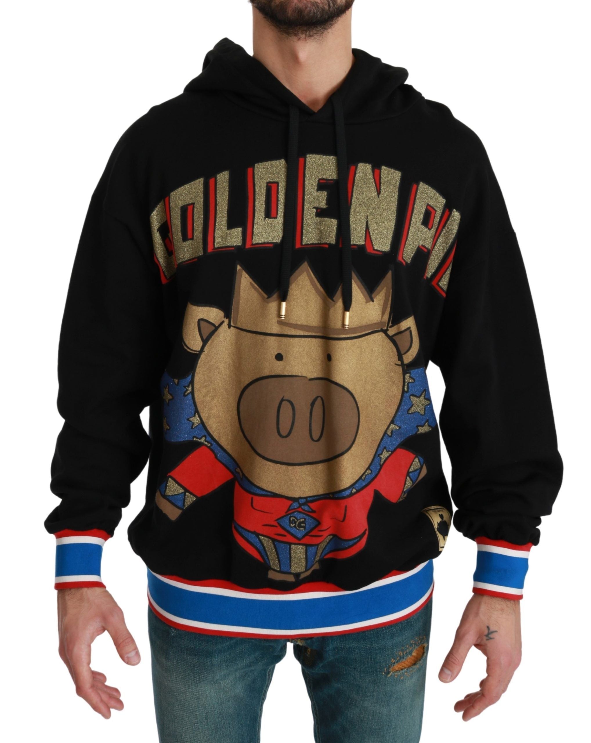 Black Dolce & Gabbana pig-themed hooded sweater with the Pig of the Year embroidery, casual and stylish for everyday wear.