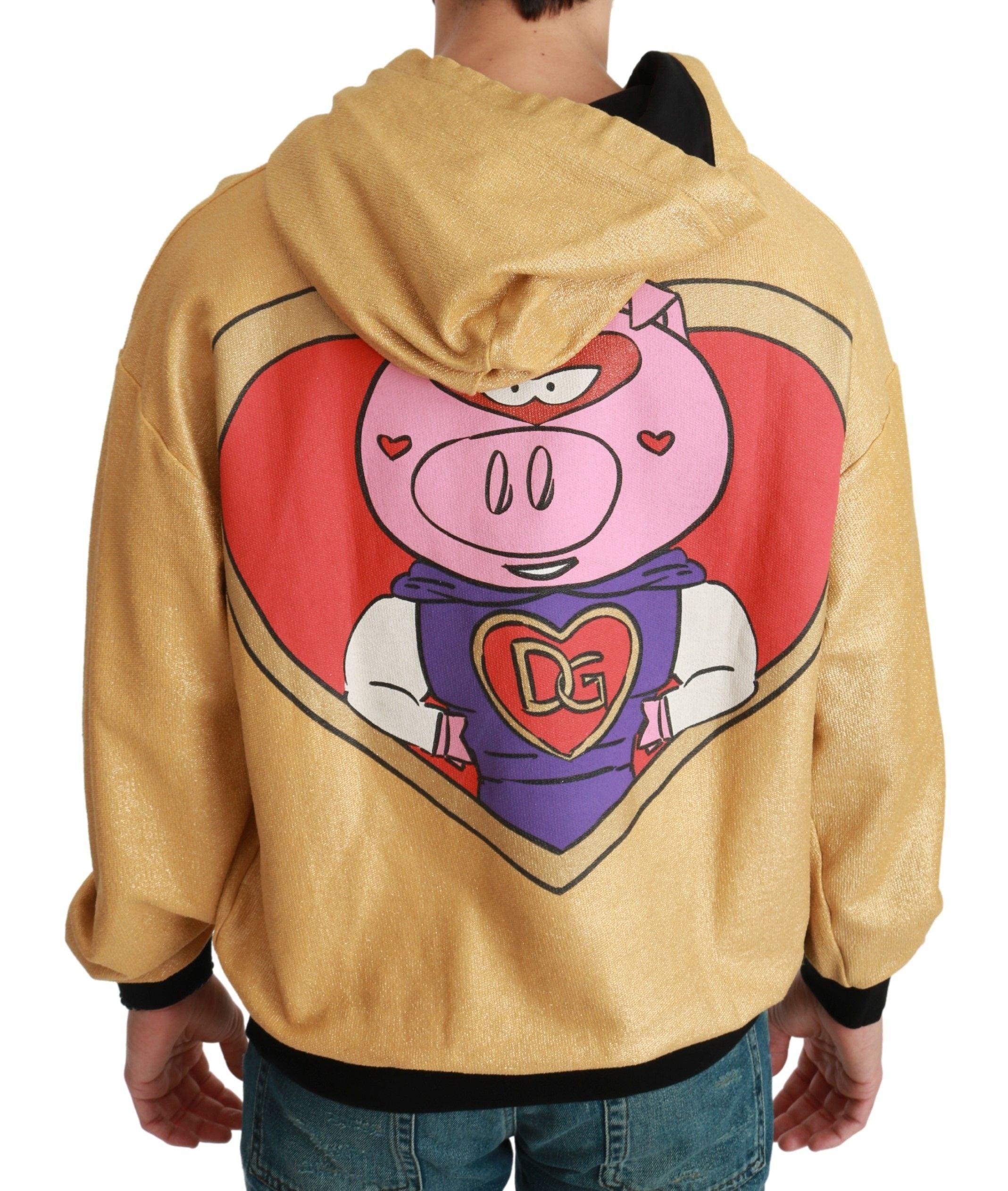Gold pig of the year Dolce & Gabbana hooded sweater featuring a playful pig graphic and cozy hood, stylish and fun casual wear.